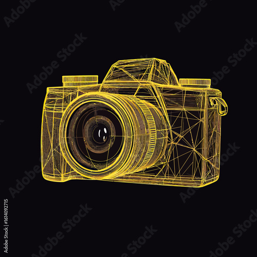 Digital camera low poly wireframe 3D illustration in yellow gold style with visible lens and buttons on black background technology gadget concept vector
