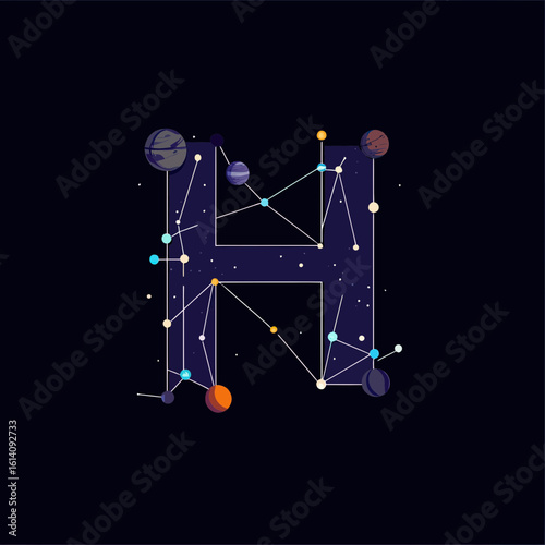 Letter H composed of interconnected stars planets and cosmic elements in space constellation style dark background vector illustration for science astronomy concept design