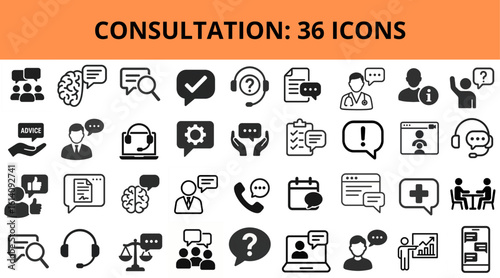 Icon set displaying consultation-related symbols and concepts  