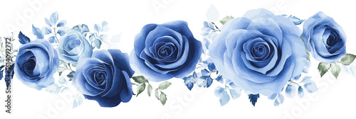 Horizontal seamless border of watercolor blue roses and foliage floral bouquet with delicate leaves for elegant decorative design wedding invitation bridal shower baby shower clipping art