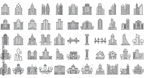 Urban architecture collection: diverse buildings and skyline designs in linear style