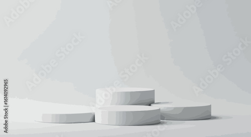 Minimalist white cylindrical pedestals in soft light setting