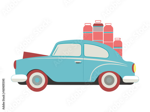 Charming 1950s Wedding Car Vector with Just Married Sign and Tied Cans – Retro Love Celebration in Vintage Style