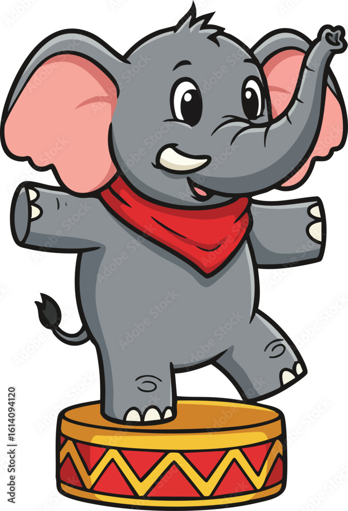 Fototapeta premium Cute cartoon baby elephant balancing on circus platform with red scarf and cheerful expression vector illustration 