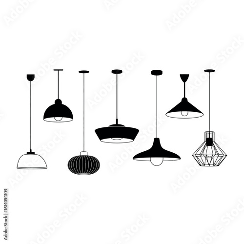 Collection of seven black and white pendant light silhouettes ceiling light lamp