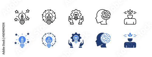 Creative Thinking icon set, Inspired, Innovative, Innovative solutions, Mind, Mindful.