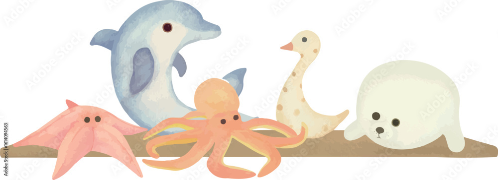 Naklejka premium Cute plush toy set — dolphin, seal, octopus, duck, and starfish in pastel colors. Perfect for baby shower cards, invitations, nursery decor, and kids’ designs.