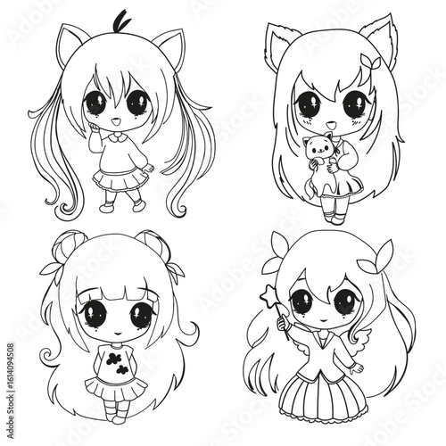 Cute collection cartoon one line girls in anime style. Vector illustration chibi girl for children coloring book t-shirt print on a white background isolated