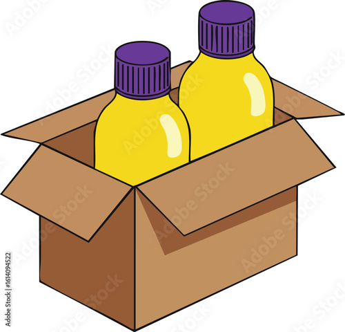 Two yellow bottles with purple caps inside open cardboard box vector illustration for packaging and delivery design 