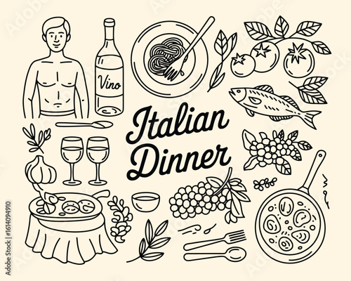 Italian Dinner Line Art Illustration