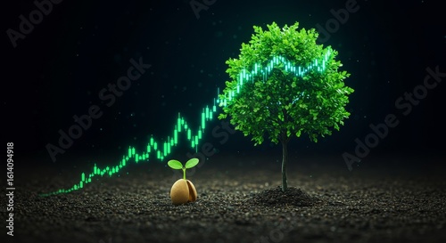 The lifecycle of financial growth represented by a young seedling and a mature tree