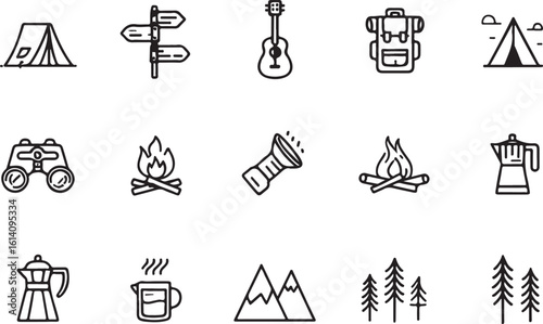 Camping icons tent guitar backpack binoculars campfire flashlight coffee pot mountains trees vector