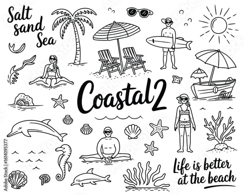 A hand-drawn illustration of a coastal beach scene with a kayaker, dolphin, and palm tree in black line art.