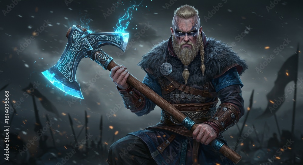 Naklejka premium Viking warrior with glowing axe in a battle scene, ready for the raid and victory