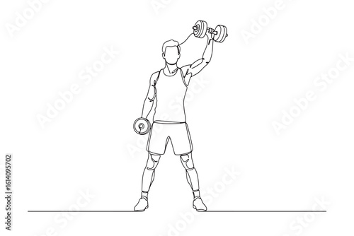   a man is lifting dumbbells in a single line drawing, isolated on white background