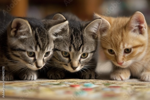 Three kittens intently focus on a board game, their playful energy momentarily subdued by the challenge before them.