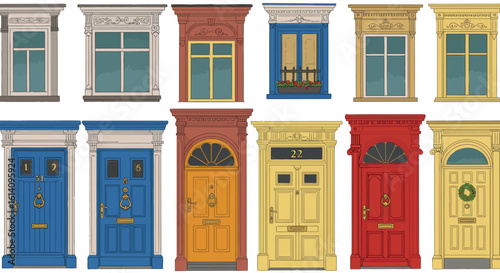 Charming urban doors and windows collection in artistic flat style