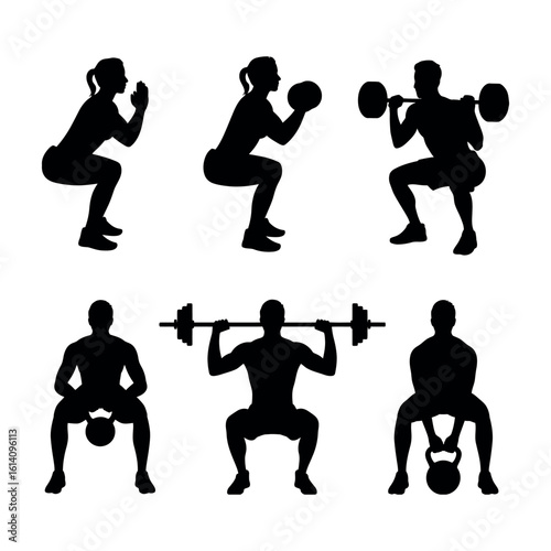 Six black silhouettes of people performing squats with weights exercise fitness