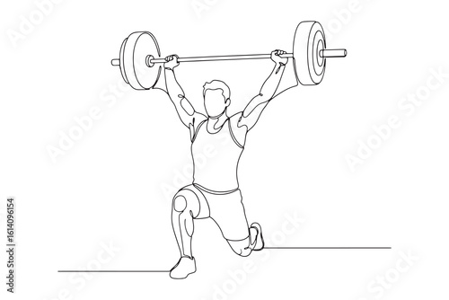 Continuous Line Drawing of a weightlifter is performing a snatch lift in a continuous line drawing isolated on white background