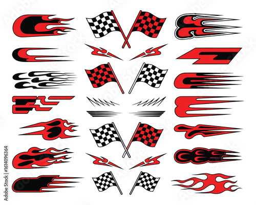 A dynamic vector graphic set of racing flags, speed flames, and automotive decals for motorsports design.