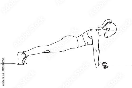 Vector art of a slender woman is doing a pushup as a continuous line drawing isolated on white background