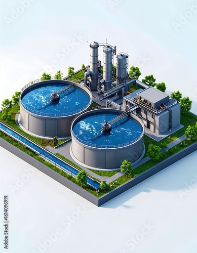 Industrial water treatment plant isometric view