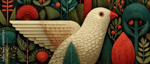 A whimsical illustration of a dove carrying an olive branch, symbolizing peace.
