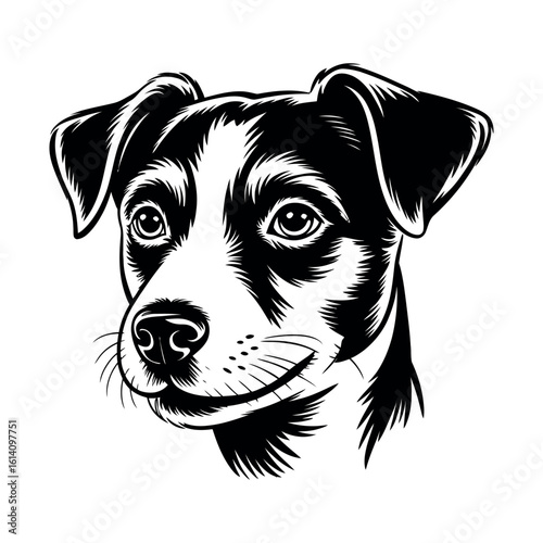 Black and white illustration of a Jack Russell Terrier dog face animal portrait