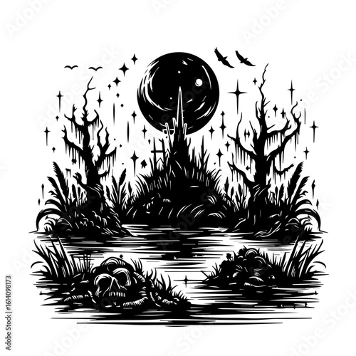 Eerie Swamp Scene with Full Moon and Skulls.