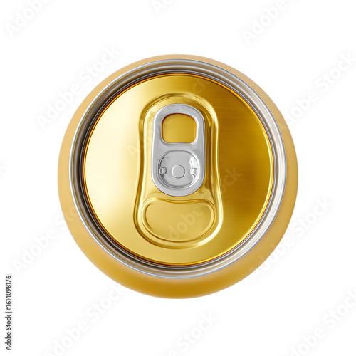 3d Top view of closed golden color aluminum soda can top view on transparent background