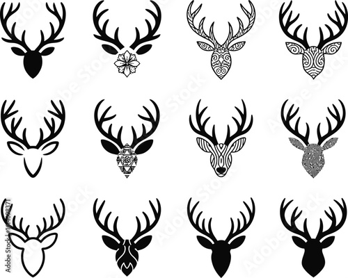 Collection of stylized deer antler head silhouettes