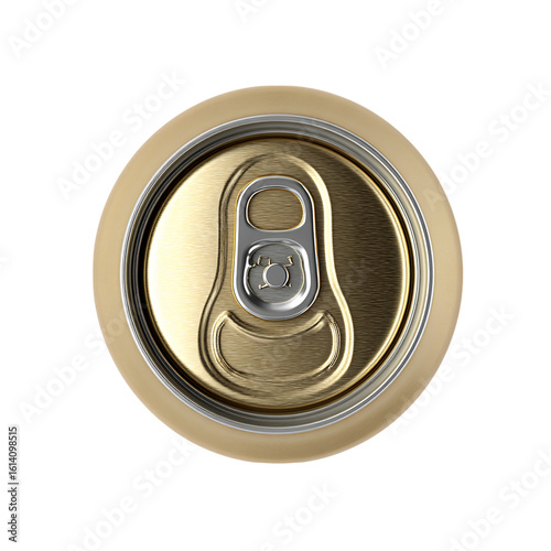 3d Top view of closed golden color aluminum soda can top view on transparent background