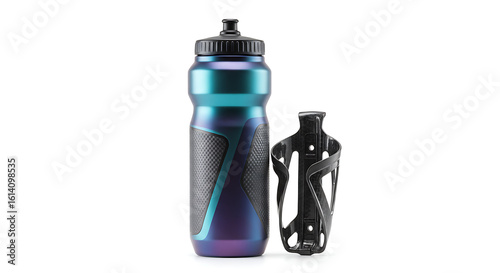 A modern bicycle water bottle and a lightweight bottle cage are showcased as a matching set against a clean, isolated white background