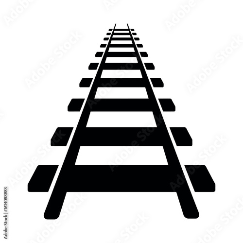 Black railroad tracks receding into the distance on white background railway train tracks