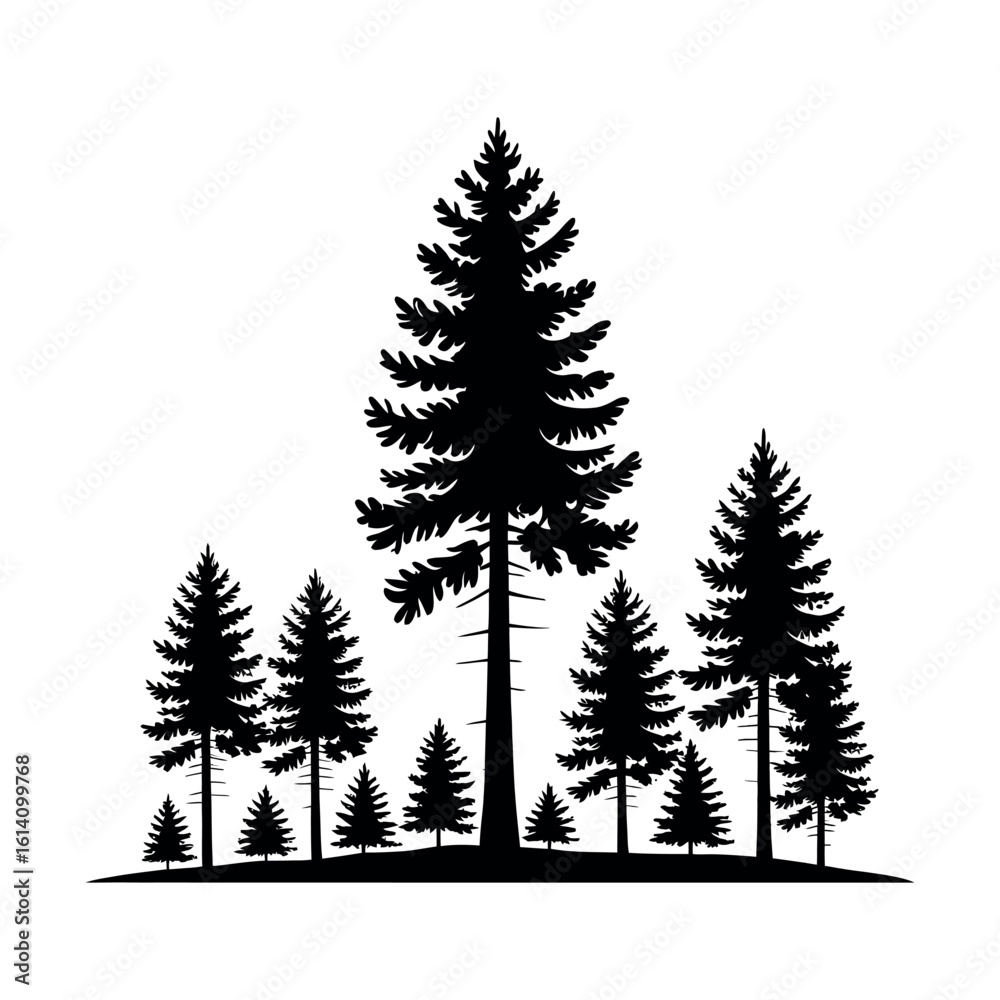 Fototapeta premium Black silhouette of a forest with pine trees of varying sizes black and white nature