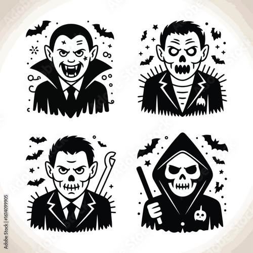 Vector illustration of a halloween collection of spooky characters including vampire zombie and grim reaper
