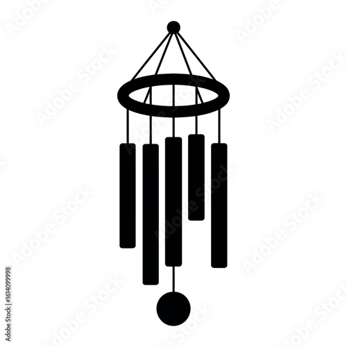 Black silhouette of a wind chime with five tubes and a round striker white background