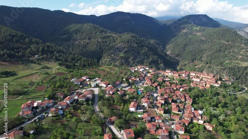 Gelemic Village in Keles District. Bursa, Turkey. Beautiful landscape with drone shot.  