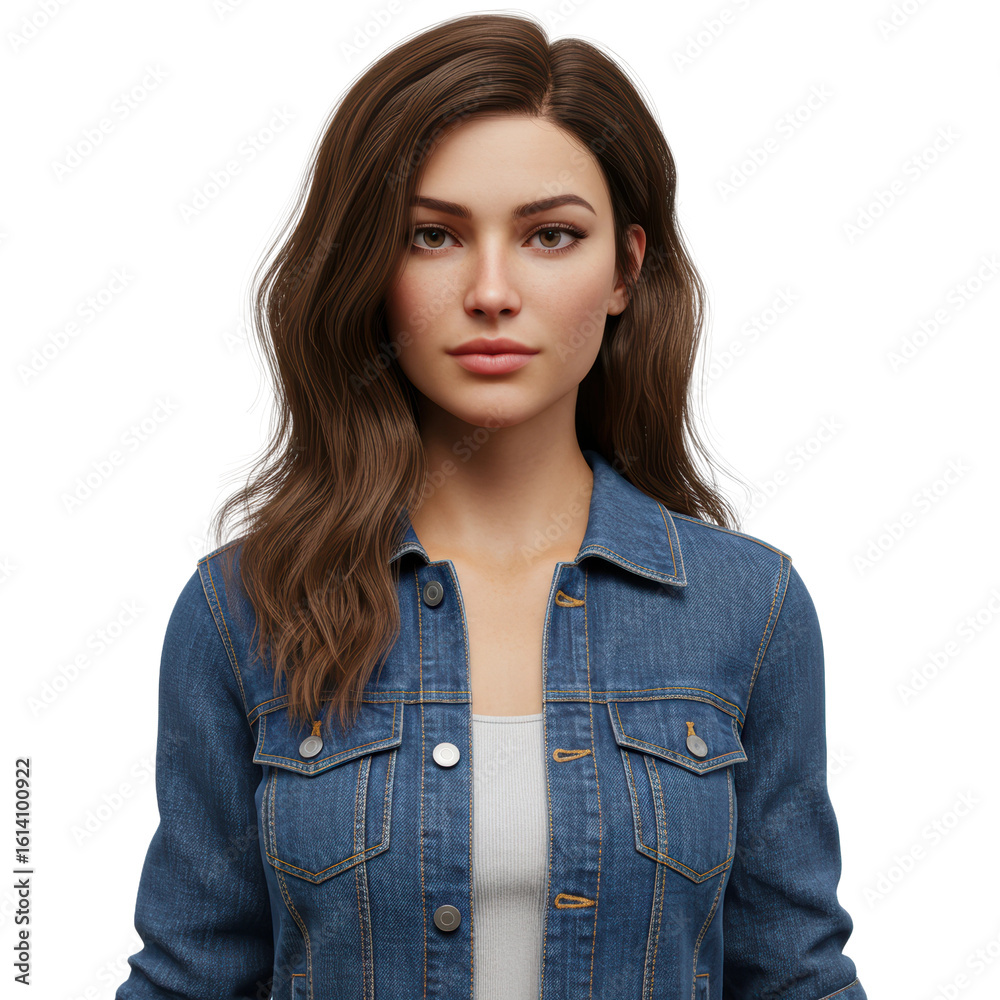 A stunning woman with long brown hair in a denim jacket poses for a portrait. A stunning woman with long brown hair in a denim jacket poses for a portrait.