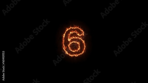 Glowing fire number 6 burning on black background. Neon number blinking illustration background.