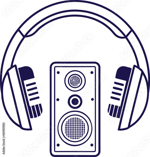 Dark blue outline of headphones over a speaker and microphone audio sound