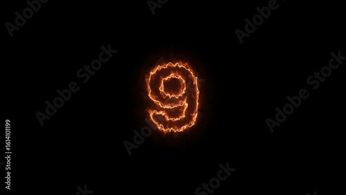 Glowing fire number 9 burning on black background. Neon number blinking illustration background.