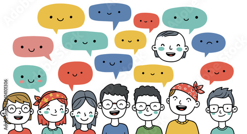 Diverse cartoon characters engaging in conversation with colorful speech bubbles