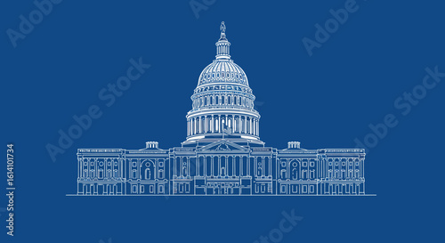 Detailed linear drawing of the united states capitol on blue background