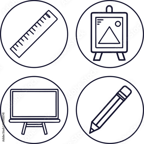 Four circular icons featuring art and drawing tools a ruler a pencil and easels vector