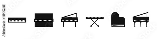 Piano vector set. Isolaed piano music instrument sign. Music keyboard icon set. Black modern piano sign set.