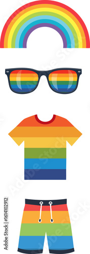 Rainbow pride outfit with colorful summer clothes and accessories