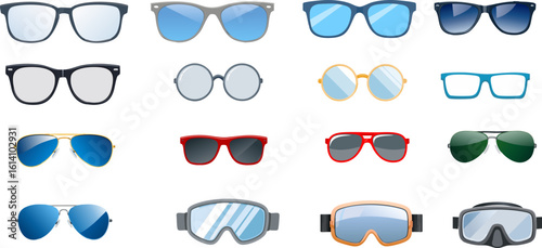 Collection of various sunglasses and eyewear styles including ski goggles