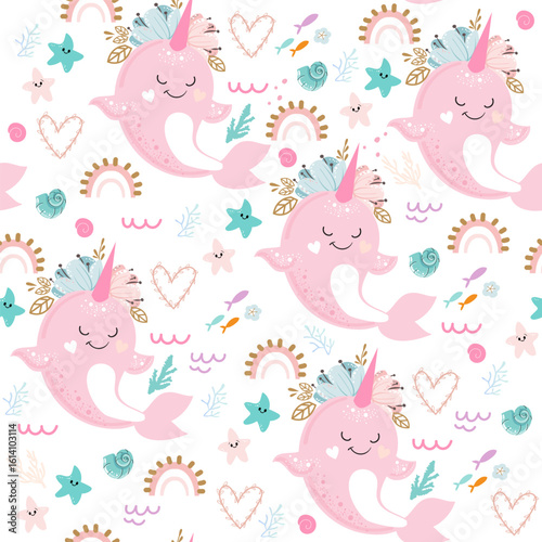 Cute narwhal in boho style on a white background seamless pattern. Vector illustration for children. Underwater inhabitants