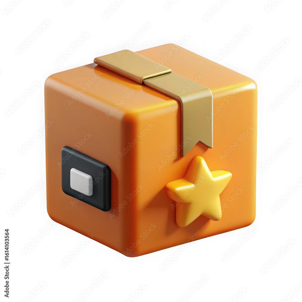 Fototapeta premium Orange gift box with gold ribbon and star decoration isolated on transparent background